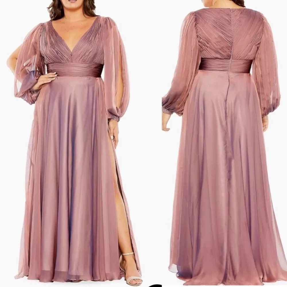 NWT $598 Mac Duggal Chiffon Open Sleeve A-Line Gown in Mocha Pleated mauve sz 16
